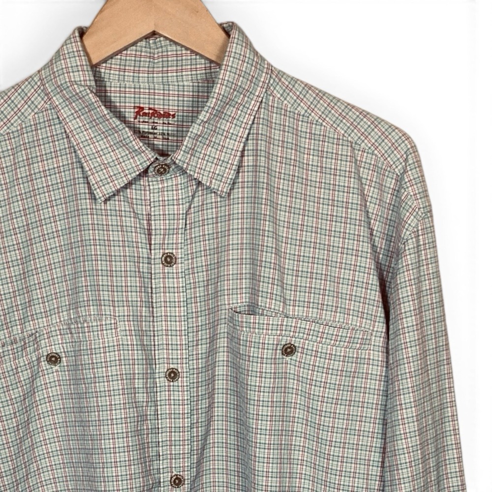 Rail Riders Button Up Men Large Long Sleeve 2 Pocket Red Gray Plaid Performance